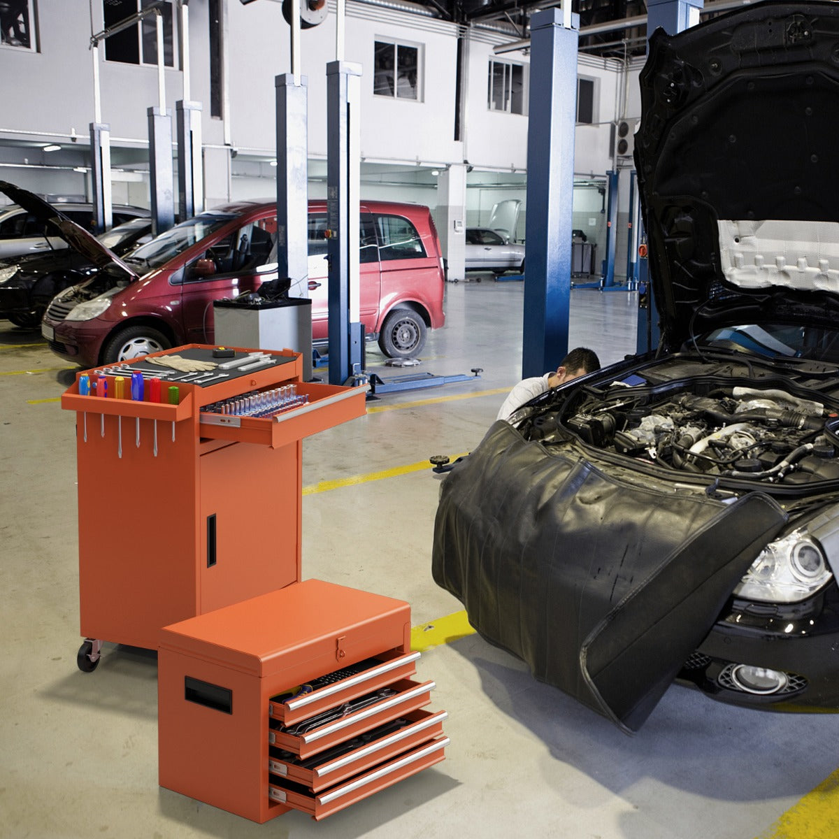 Caja para Ferramentas de 5 Gavetas com Rodas Bloqueáveis Prateleira Ajustável Caixa para Garagem 59 x 28 x 102 cm Laranja