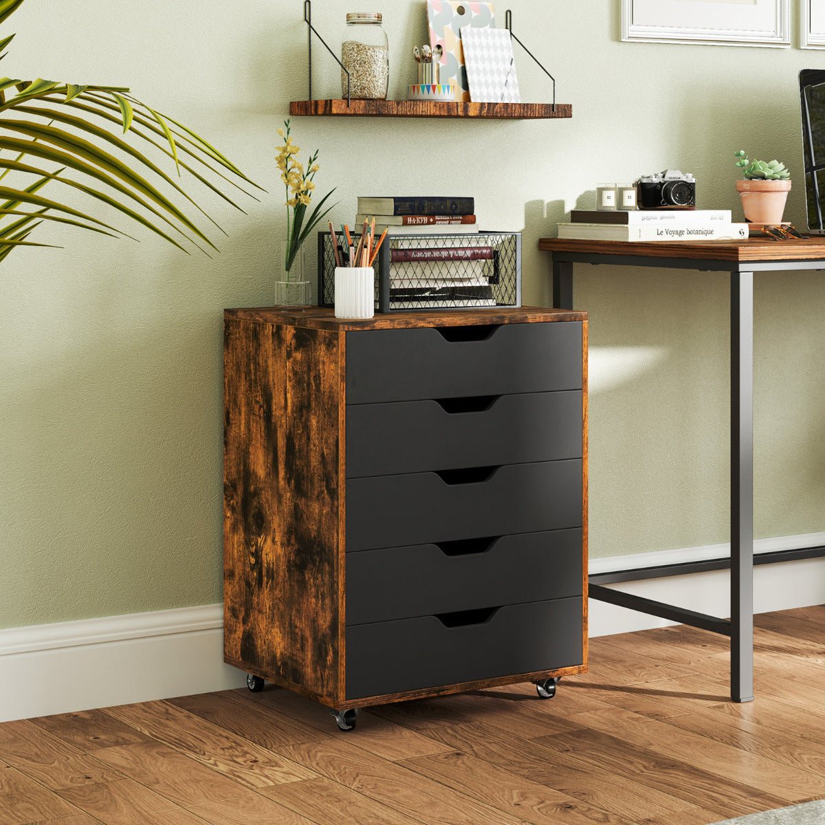 Organizador com 5 Gavetas e Rodas em Madeira para Documentos e Mesa de Cabeceira para Casa ou Escritório 49 x 40 x 65 cm Castanho