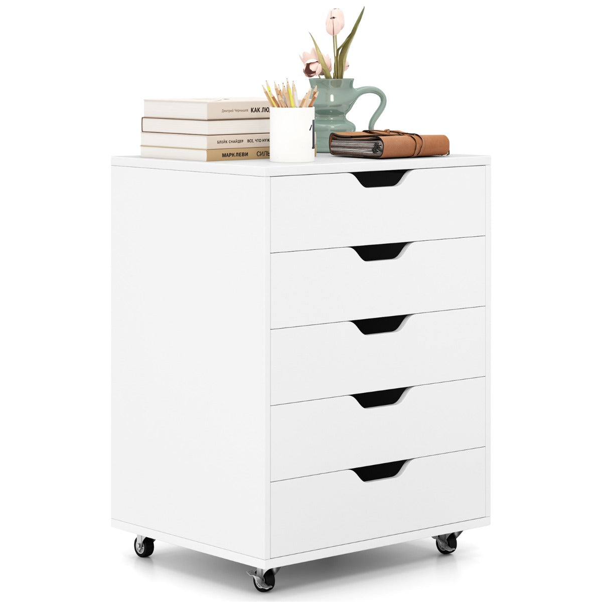 Organizador de 5 Gavetas com Rodas para Casa ou Escritório Branco 49 x 40 x 65 cm