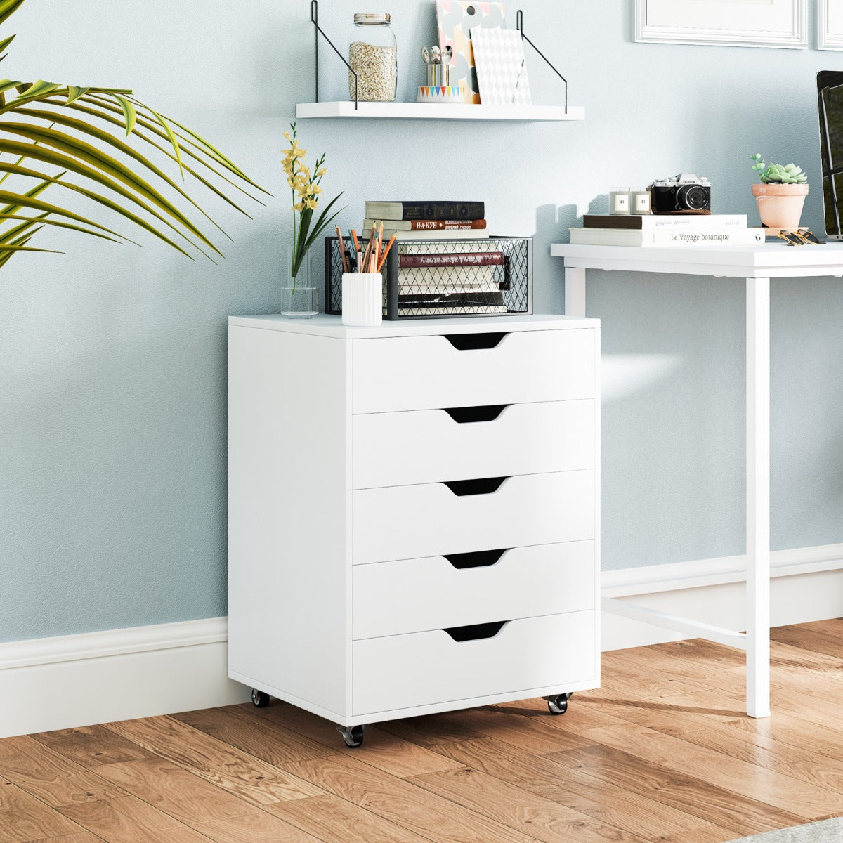 Organizador de 5 Gavetas com Rodas para Casa ou Escritório Branco 49 x 40 x 65 cm