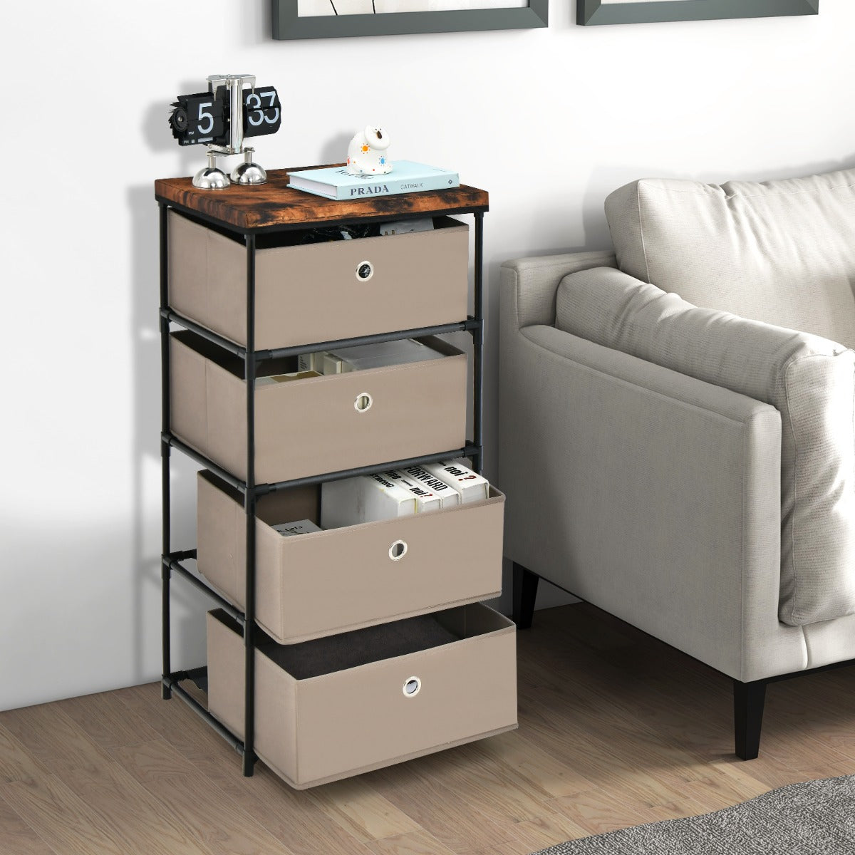 Cajonera de Tecido de 4 Níveis com 4 Gavetas Estrutura de Metal Móvel de Arrumação Mesa de Cabeceira para Quarto Corredor Castanho