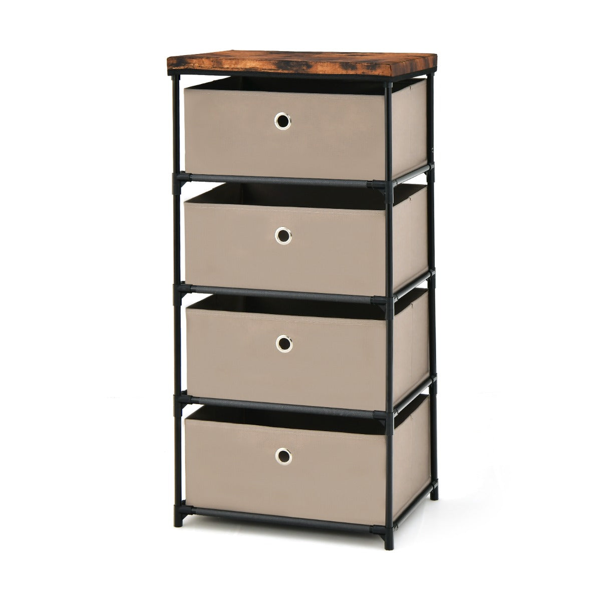Cajonera de Tecido de 4 Níveis com 4 Gavetas Estrutura de Metal Móvel de Arrumação Mesa de Cabeceira para Quarto Corredor Castanho
