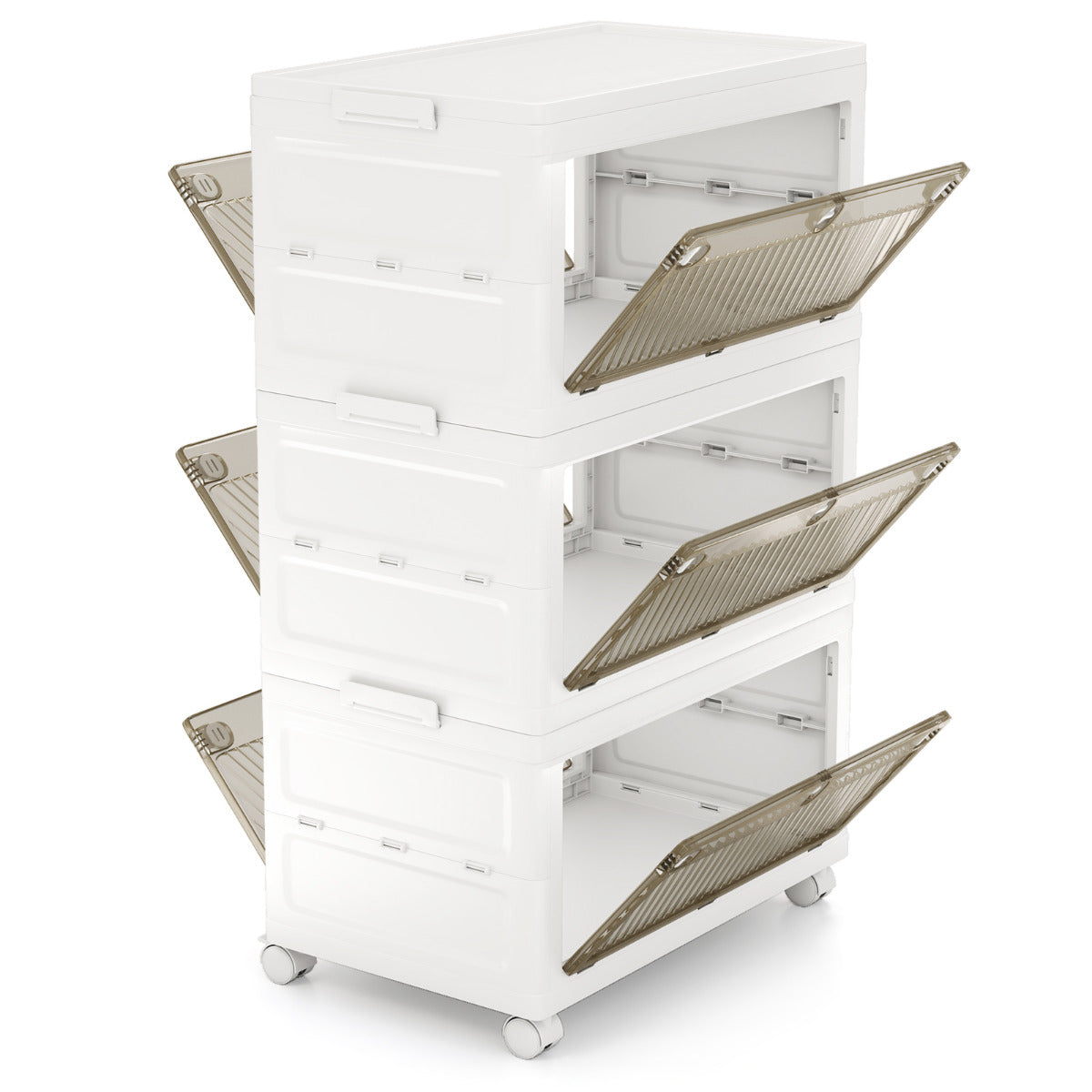 Organizador de Armazenamento Plástico de 126 L com 3 Níveis, Caixas Empilháveis Dobráveis com Tampa e Rodas para Quarto e Sala de Estar em Branco