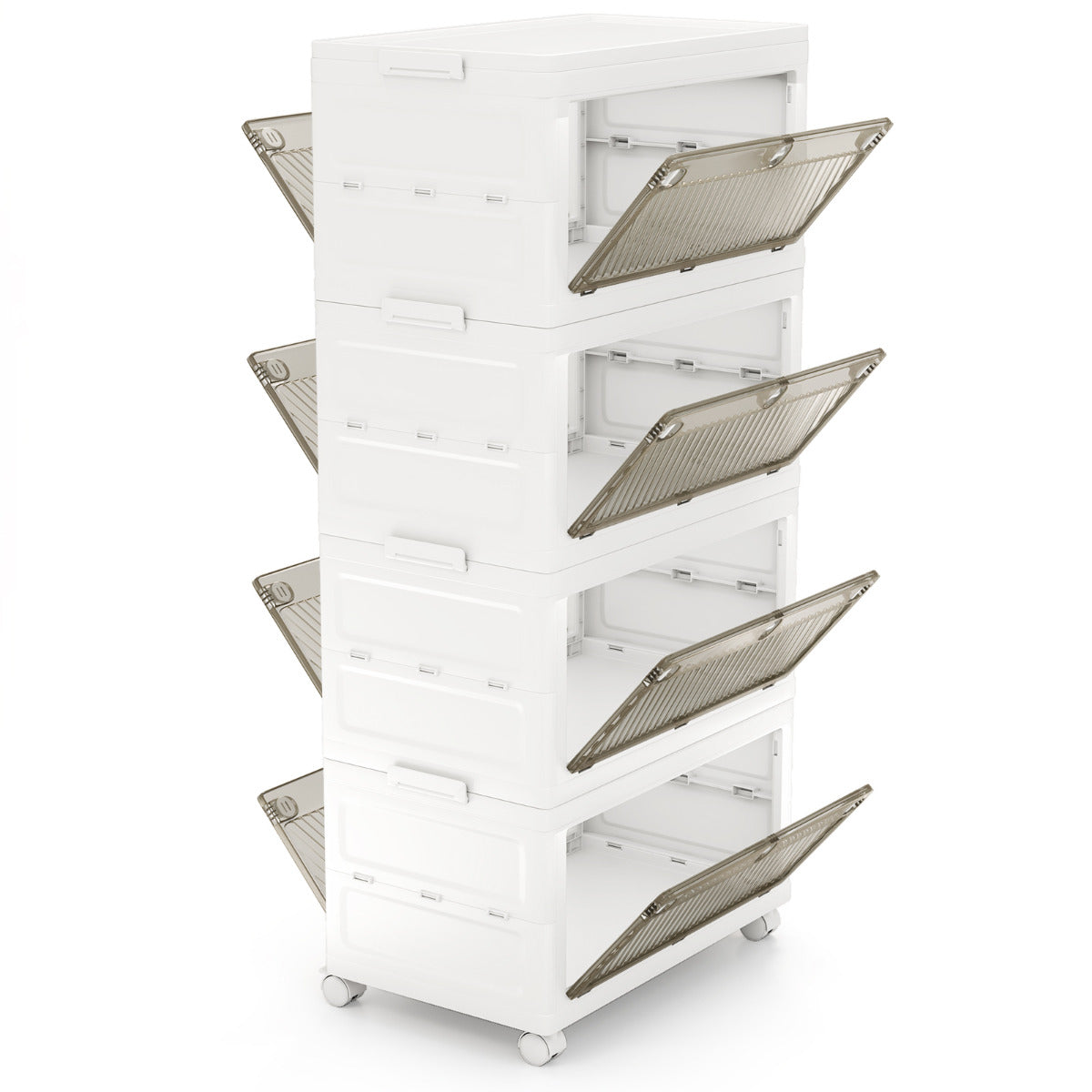 Caixa de Armazenamento de Plástico de 168 L com 4 Níveis, Caixas Empilháveis Dobráveis com Tampa e Rodas para Quarto e Sala em Branco