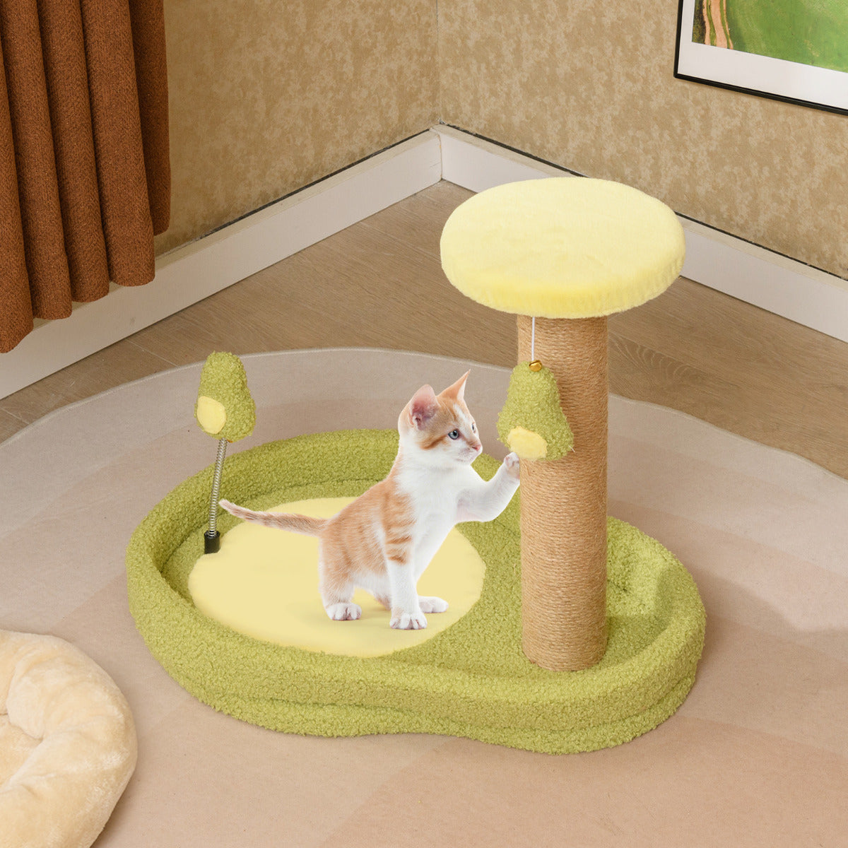 Cama Compacta para Gatos com Tema de Abacate - Árvore de Arranhar com Brinquedo de Mola, Postes de Arranhar de Juta, e Móvel de Escalada para Gatos