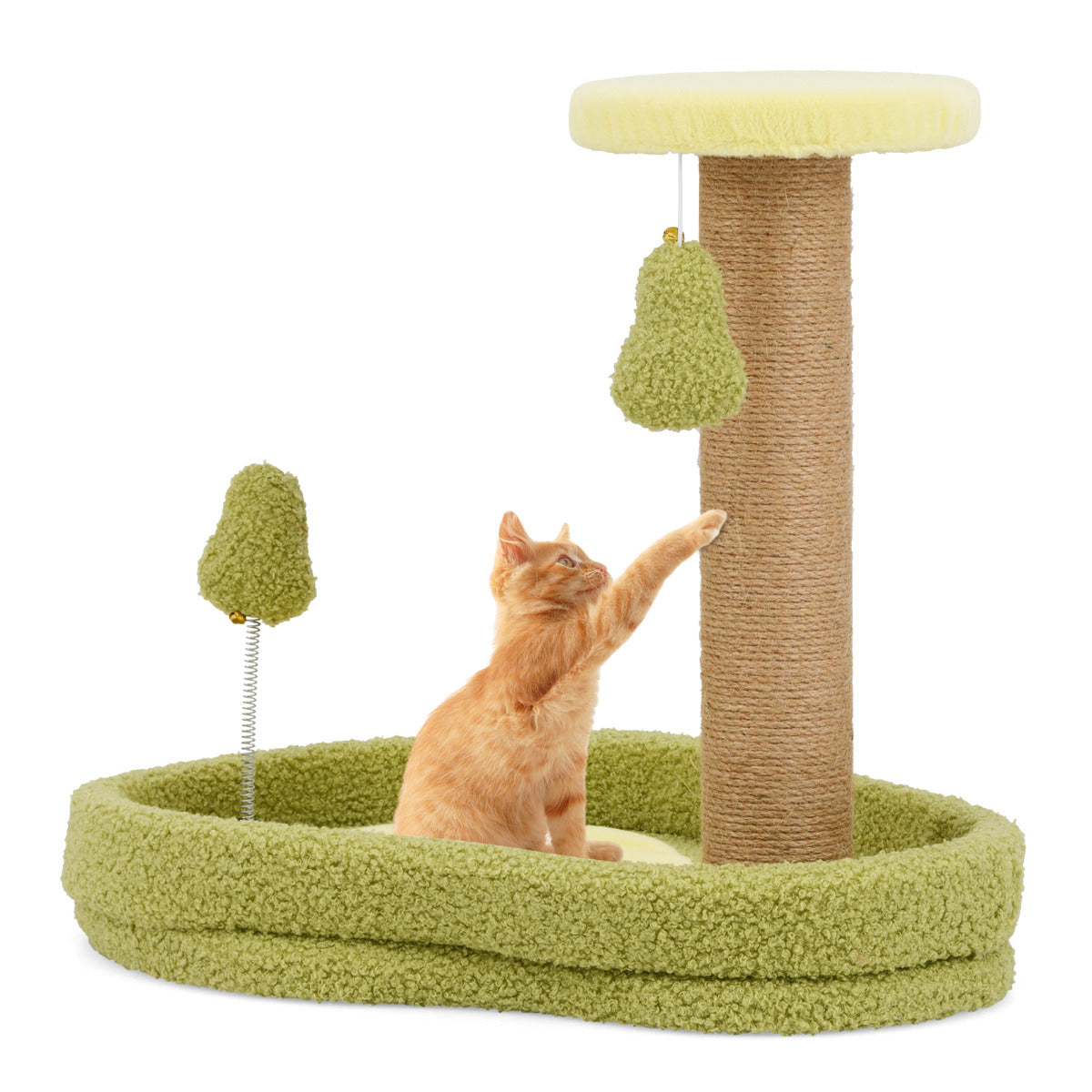 Cama Compacta para Gatos com Tema de Abacate - Árvore de Arranhar com Brinquedo de Mola, Postes de Arranhar de Juta, e Móvel de Escalada para Gatos