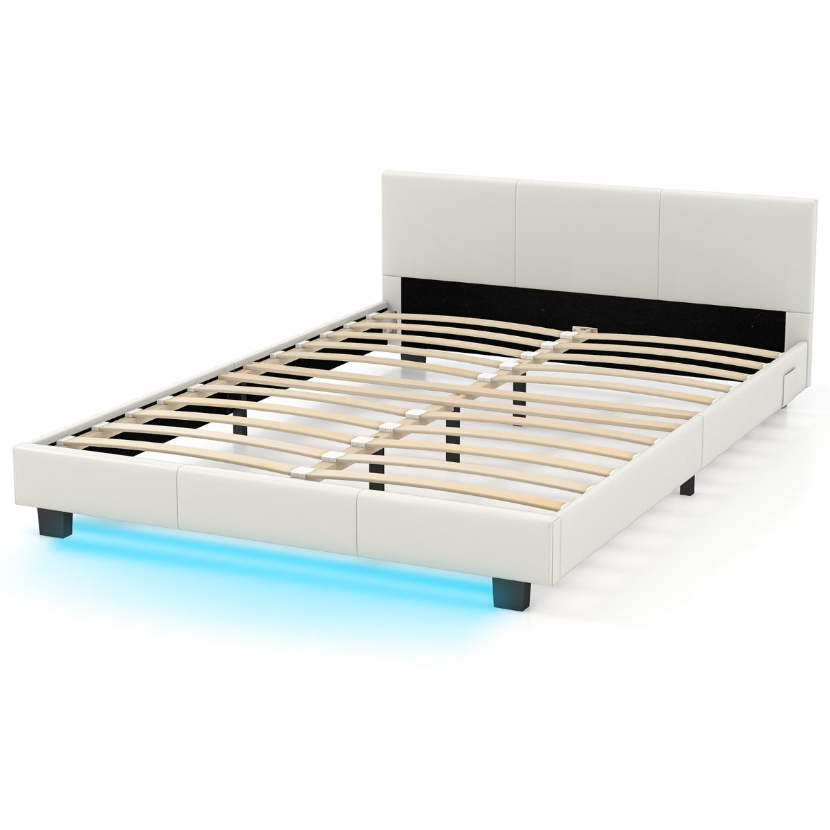 Estrutura de Cama de Casal com Cabeceira e Pé Cama Plataforma Estofada com Luz LED e Comando de Imitação de Couro Ripas de Madeira Branca