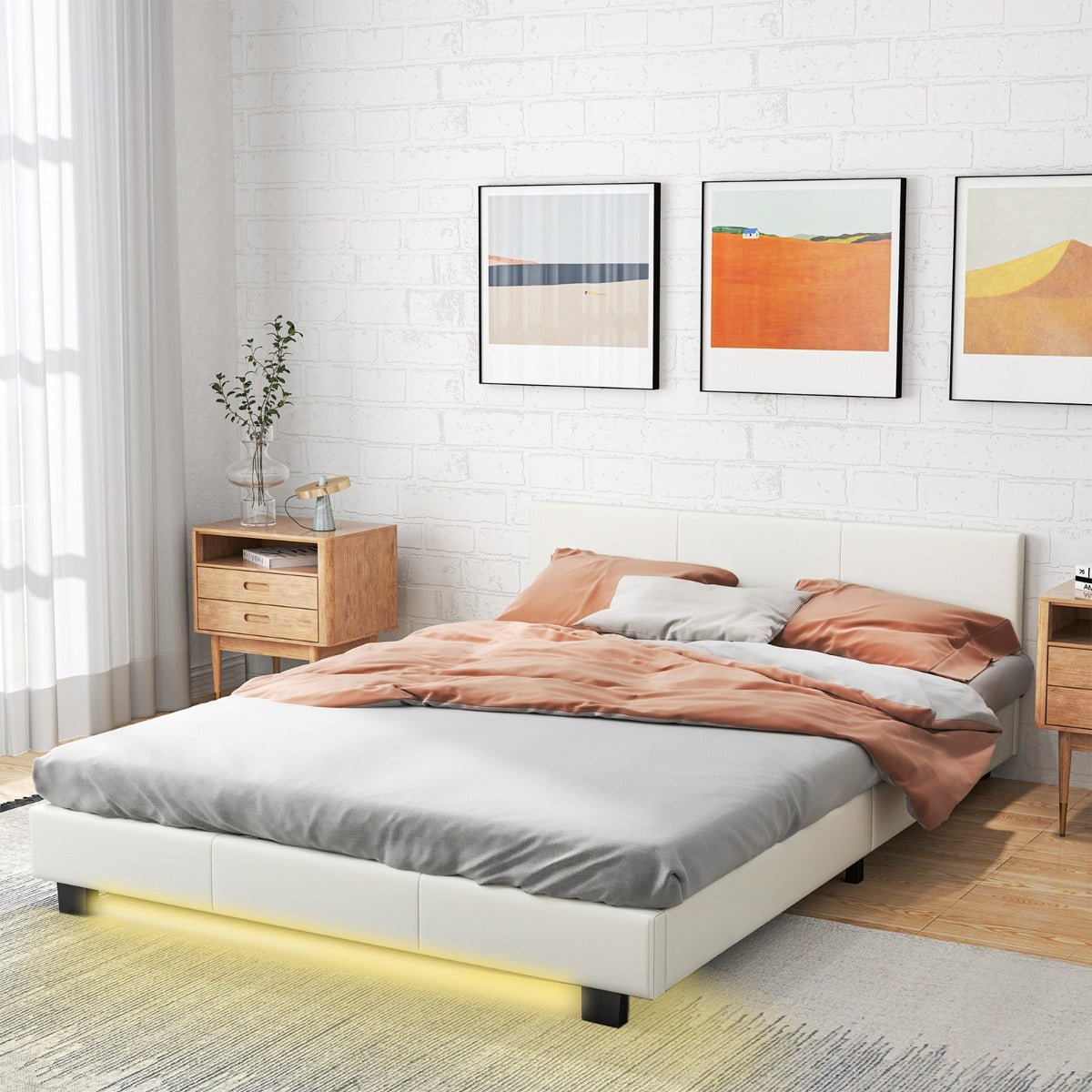 Estrutura de Cama de Casal com Cabeceira e Pé Cama Plataforma Estofada com Luz LED e Comando de Imitação de Couro Ripas de Madeira Branca