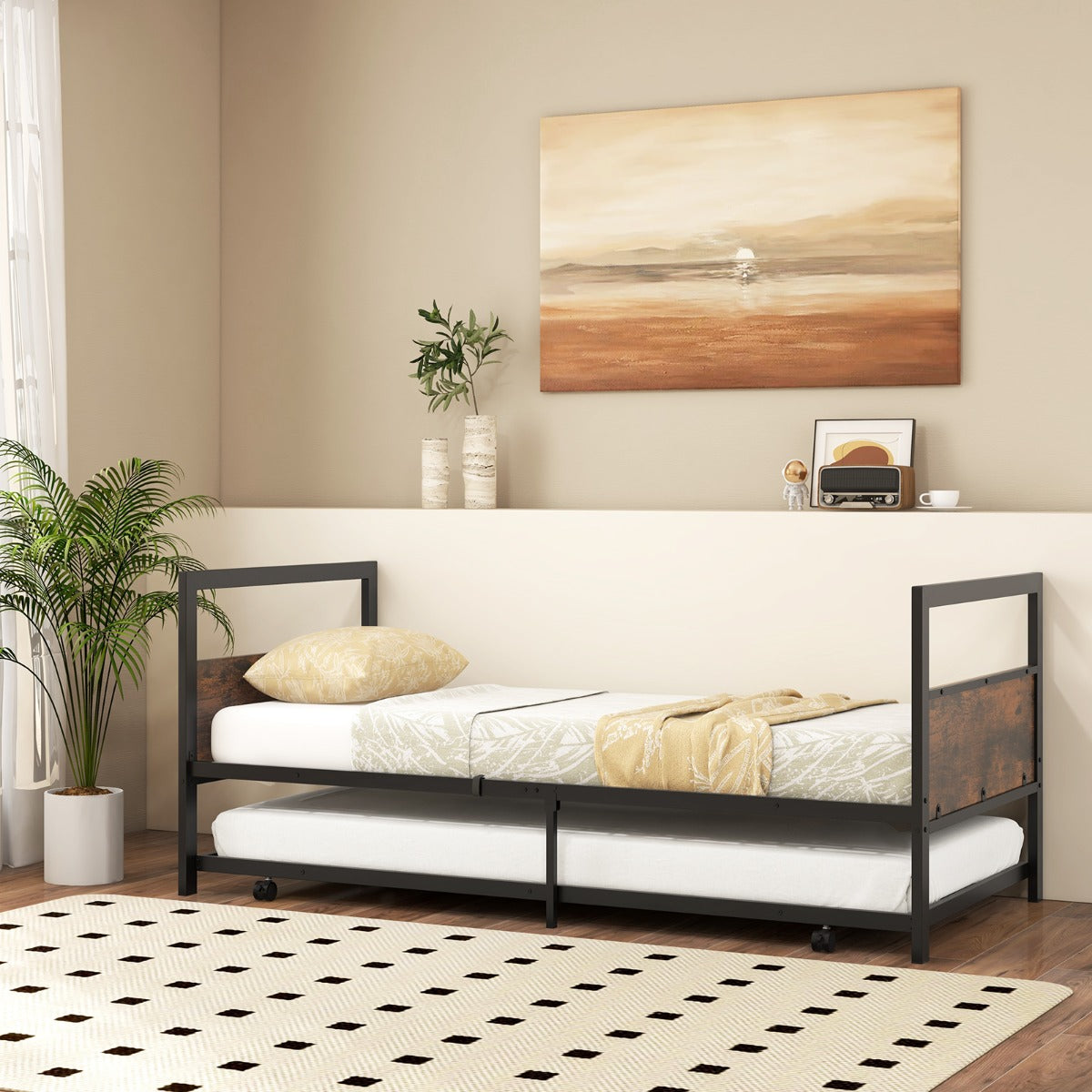 Cama Individual de Metal com Cama Auxiliar - Estrutura de Cama com Cabeceira e Pés Dobráveis - Suporte de Ripas de Metal 90 x 200 CM Marrón