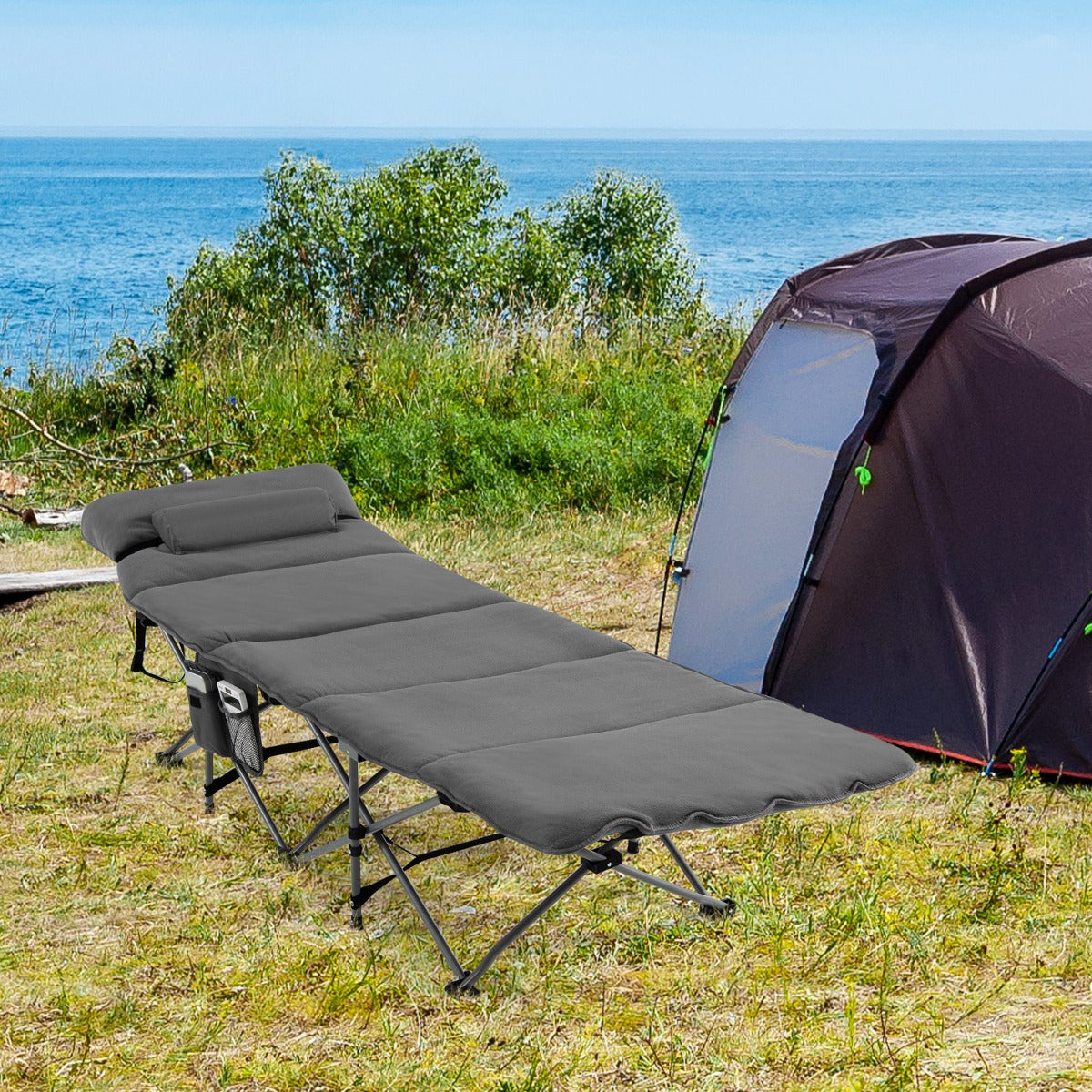 Cama de Camping Plegável – 185 x 65 x 41-53 cm – Cinzenta