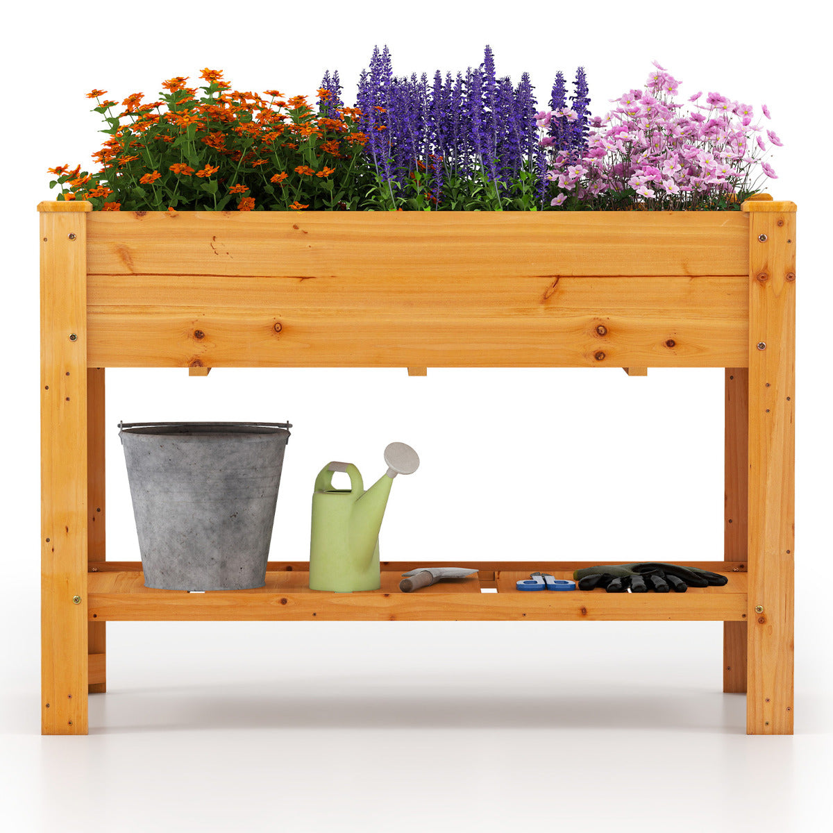 Cama de Jardim Elevada de Madeira com Pernas Floreira Elevada com Prateleira Drenagem Contentor para Flores Ervas 120 x 60 x 80 cm Café
