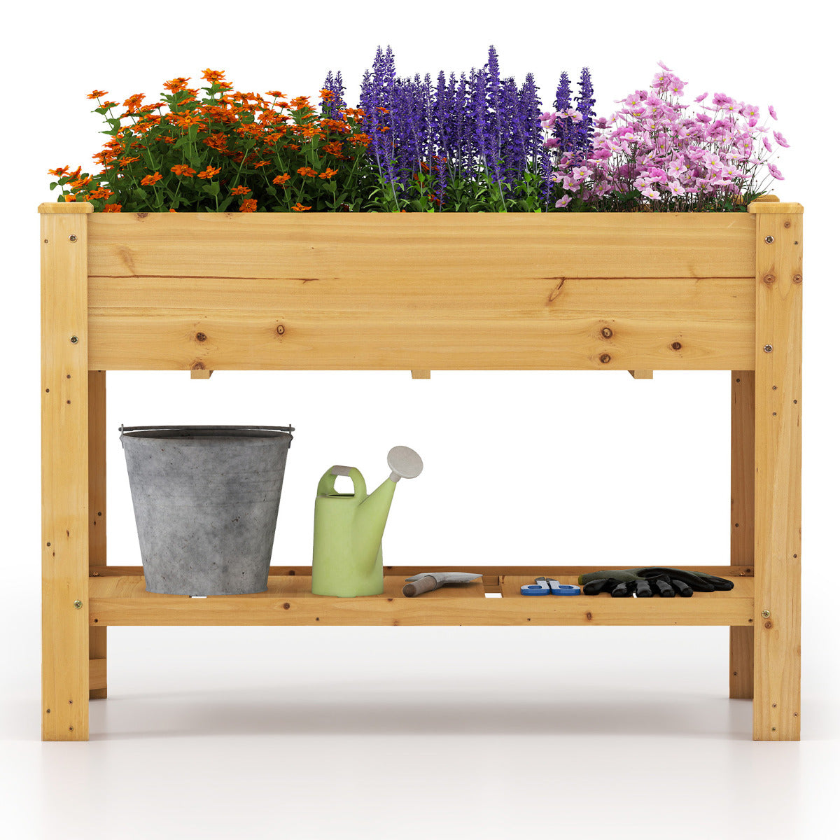 Cama de Jardim Elevada de Madeira com Pés Jardineira Elevada com Prateleira Drenagem Recipiente para Flores Ervas 120 x 60 x 80 cm Natural