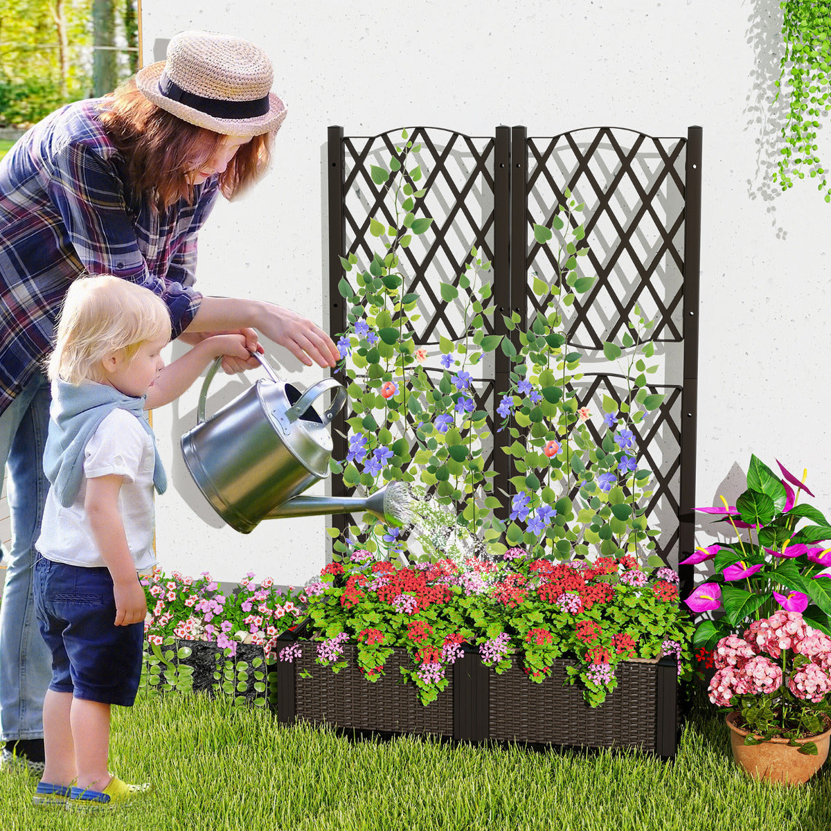 Cama de Jardim Elevada Dupla com Treliça Jardineira de Plástico para Exterior com Orifícios de Drenagem Vaso para Jardim Pátio