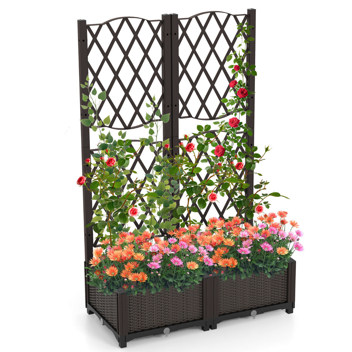 Cama de Jardim Elevada Dupla com Treliça Jardineira de Plástico para Exterior com Orifícios de Drenagem Vaso para Jardim Pátio