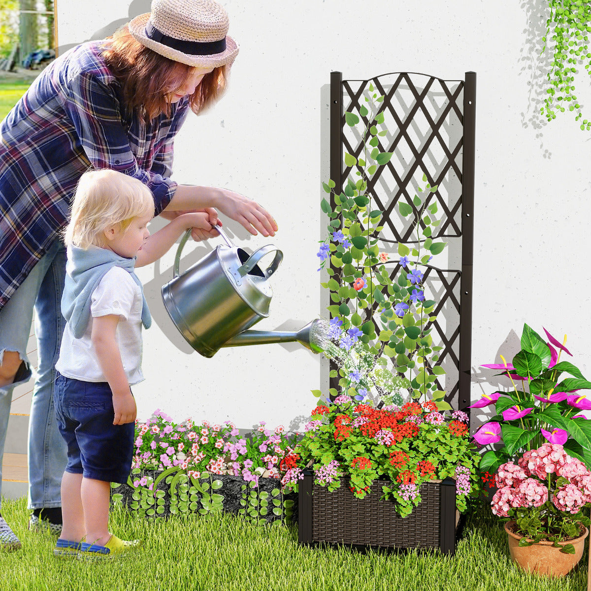 Cama de Jardim Elevada com Treliça Jardineira de Plástico para Exterior com Orifícios de Drenagem Vaso para Jardim Pátio