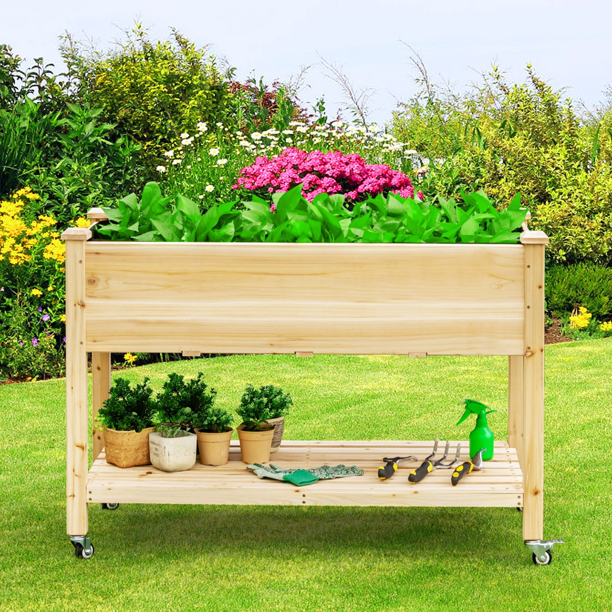 Cama de Jardim Elevada em Madeira com Rodas Bloqueáveis, Prateleira e Forro Protetor Caixa de Cultivo para Flores, Vegetais e Ervas Natural