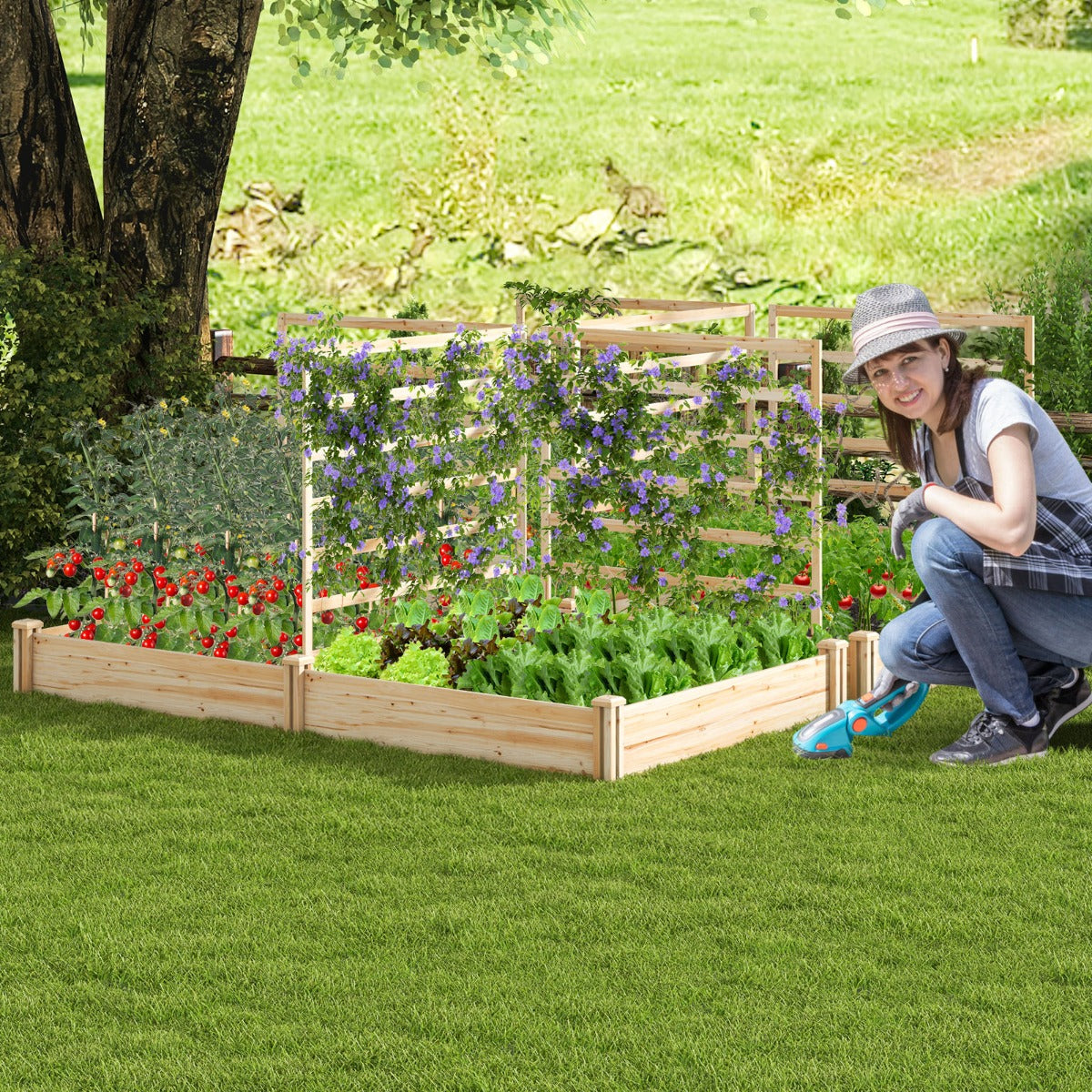 Jardineira Elevada com 2 Vasos e 3 Treliças em Madeira para Exterior 222 x 114 x 110 cm Natural
