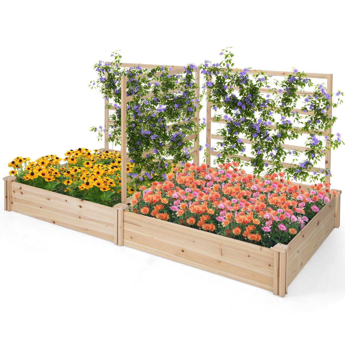 Jardineira Elevada com 2 Vasos e 3 Treliças em Madeira para Exterior 222 x 114 x 110 cm Natural