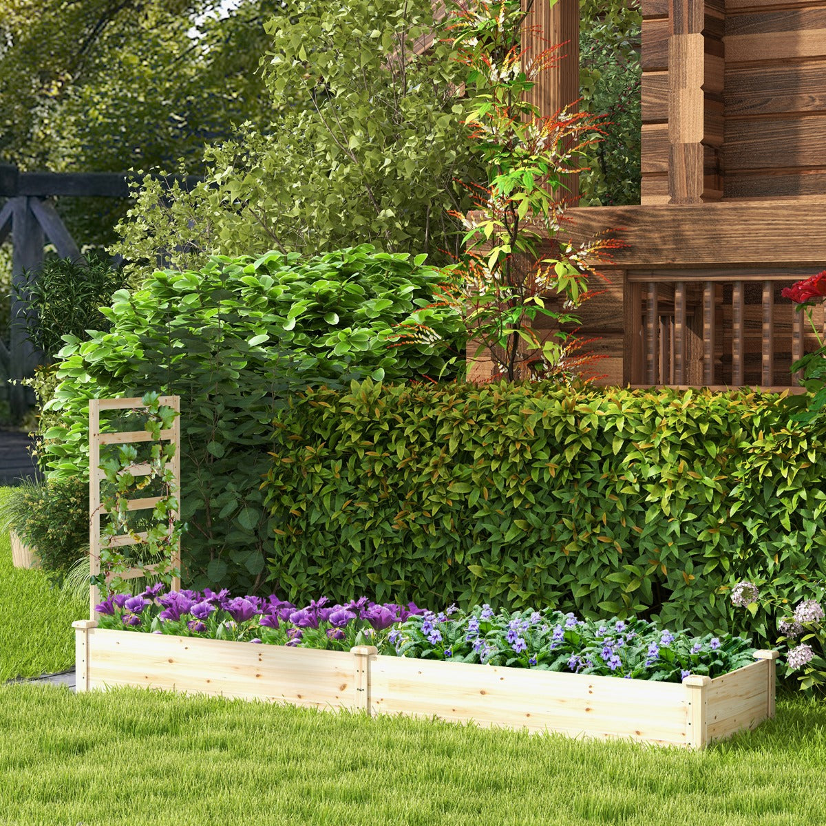 Parterre Elevado de Jardim com 2 Canteiros e Treliça Kit de Canteiro de Madeira para Exterior Pátio e Varanda 235 x 63 x 102 cm Natural