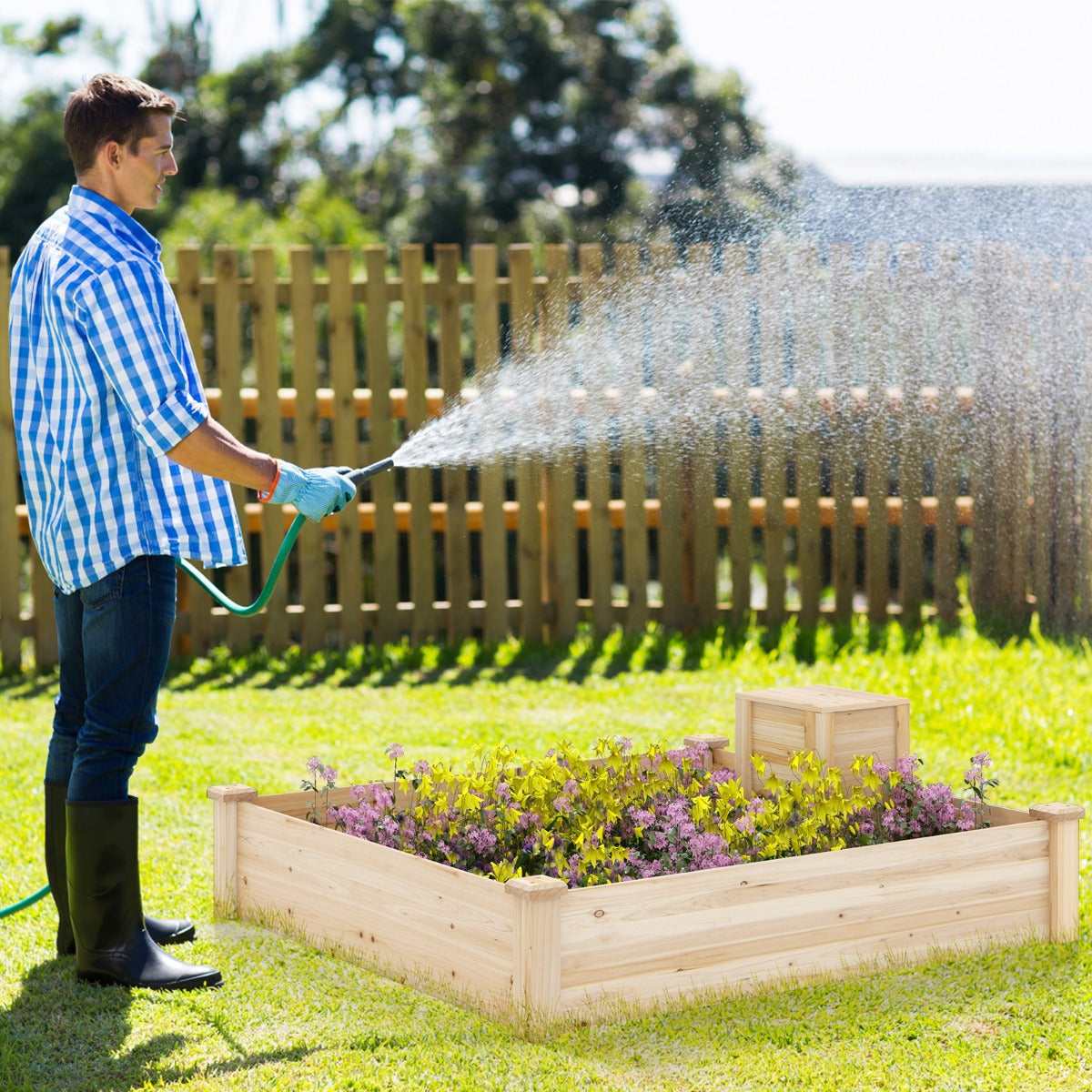 Macetero de Jardim Elevado com Compostor e Fundo Aberto Kit de Floreira de Madeira para Flores Plantas 24 x 124 x 25,5 cm Natural