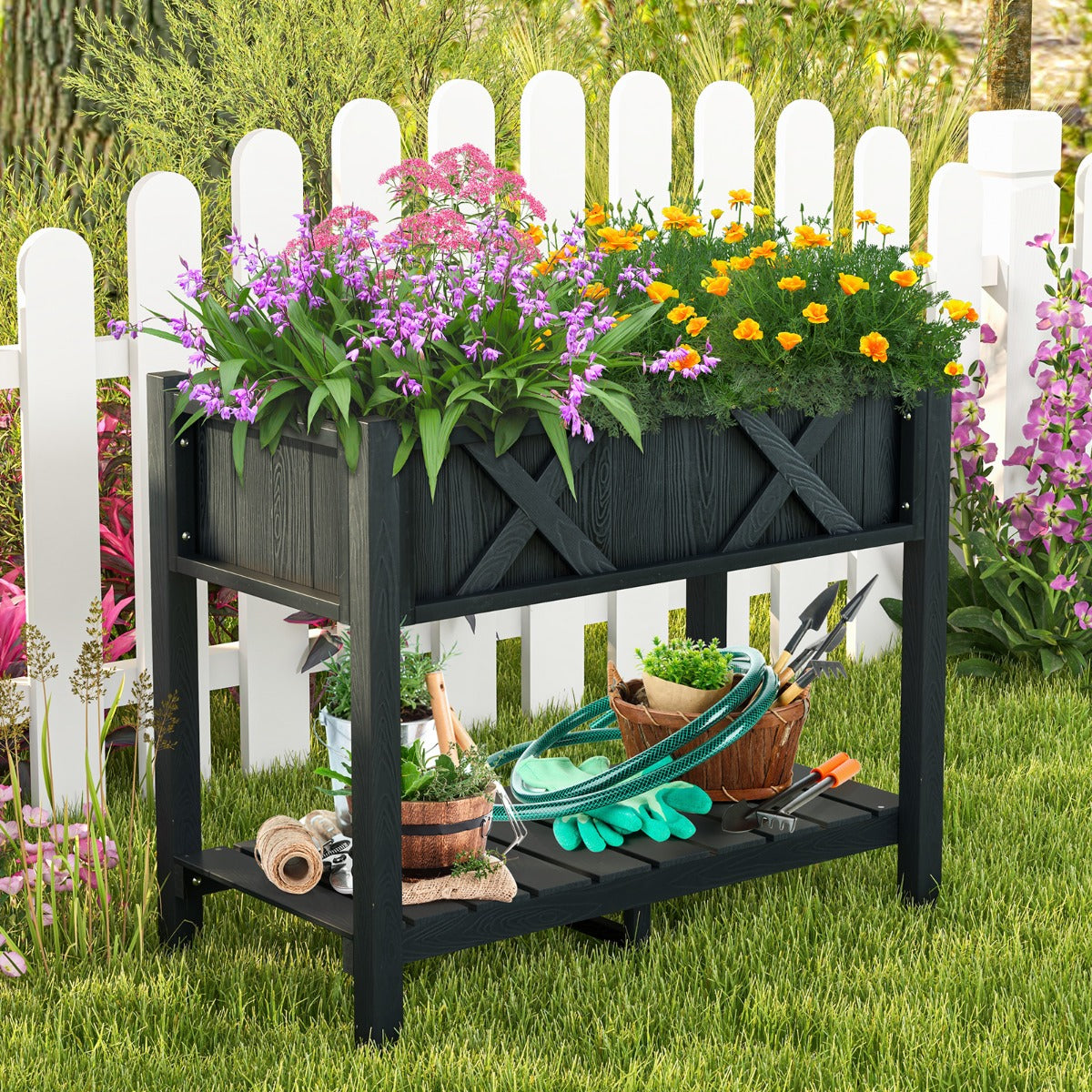 Cama de Jardim Elevada com Pernas Orifícios de Drenagem Prateleira de Armazenamento Canteiro de Cultivo para Plantas Ervas 86 x 45 x 73 cm Preto