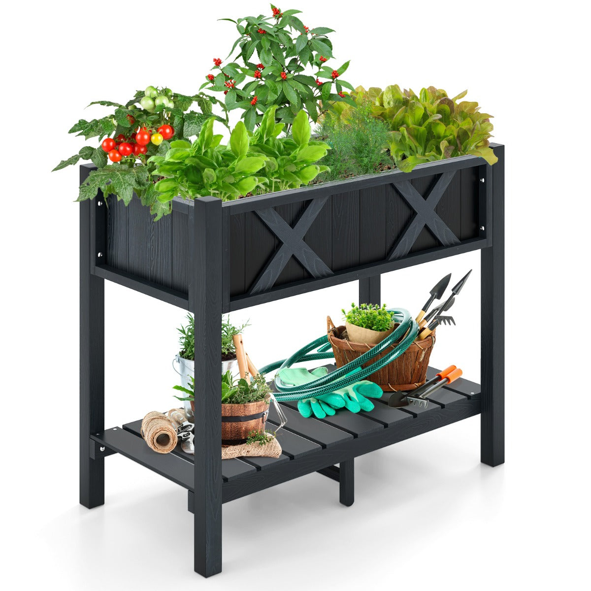 Cama de Jardim Elevada com Pernas Orifícios de Drenagem Prateleira de Armazenamento Canteiro de Cultivo para Plantas Ervas 86 x 45 x 73 cm Preto