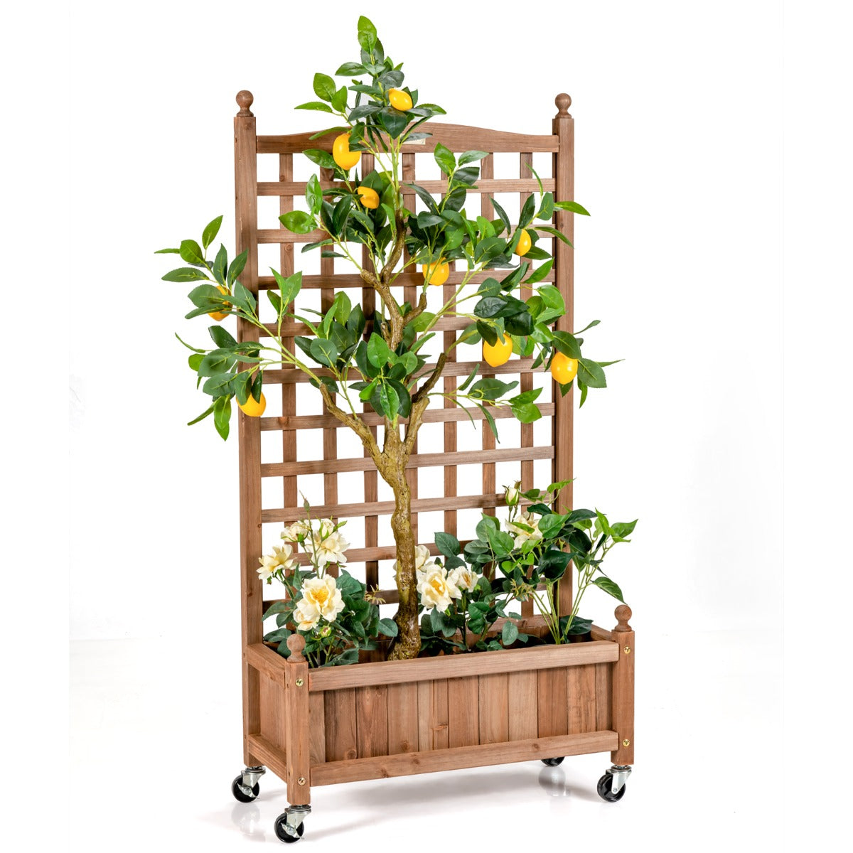 Cama de Plantas com Treliça Alta para Plantas Trepadeiras com Rodízios Bloqueáveis e Orifício de Drenagem 64 x 28 x 127 cm Natural