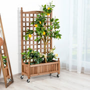 Cama de Plantas com Treliça Alta para Plantas Trepadeiras com Rodízios Bloqueáveis e Orifício de Drenagem 64 x 28 x 127 cm Natural