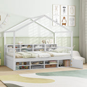 Cama de Casa de Tamanho Individual com Estrutura de Cama de Plataforma de Madeira com 14 Cubos de Armazenamento Armário Fechado Branco