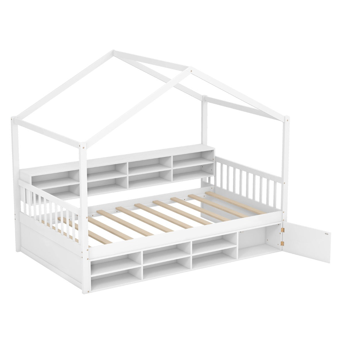 Cama de Casa de Tamanho Individual com Estrutura de Cama de Plataforma de Madeira com 14 Cubos de Armazenamento Armário Fechado Branco