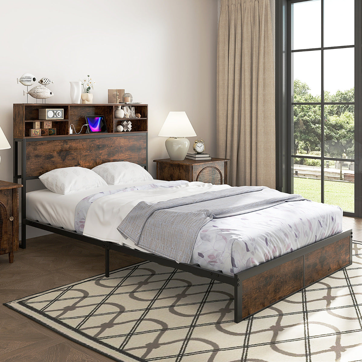 Cama de Casal com Estação de Carregamento Estrutura de Cama Metálica com Cabeceira de Arrumação Suporte de Lâminas Espaço por Baixo da Cama 200 x 140 cm