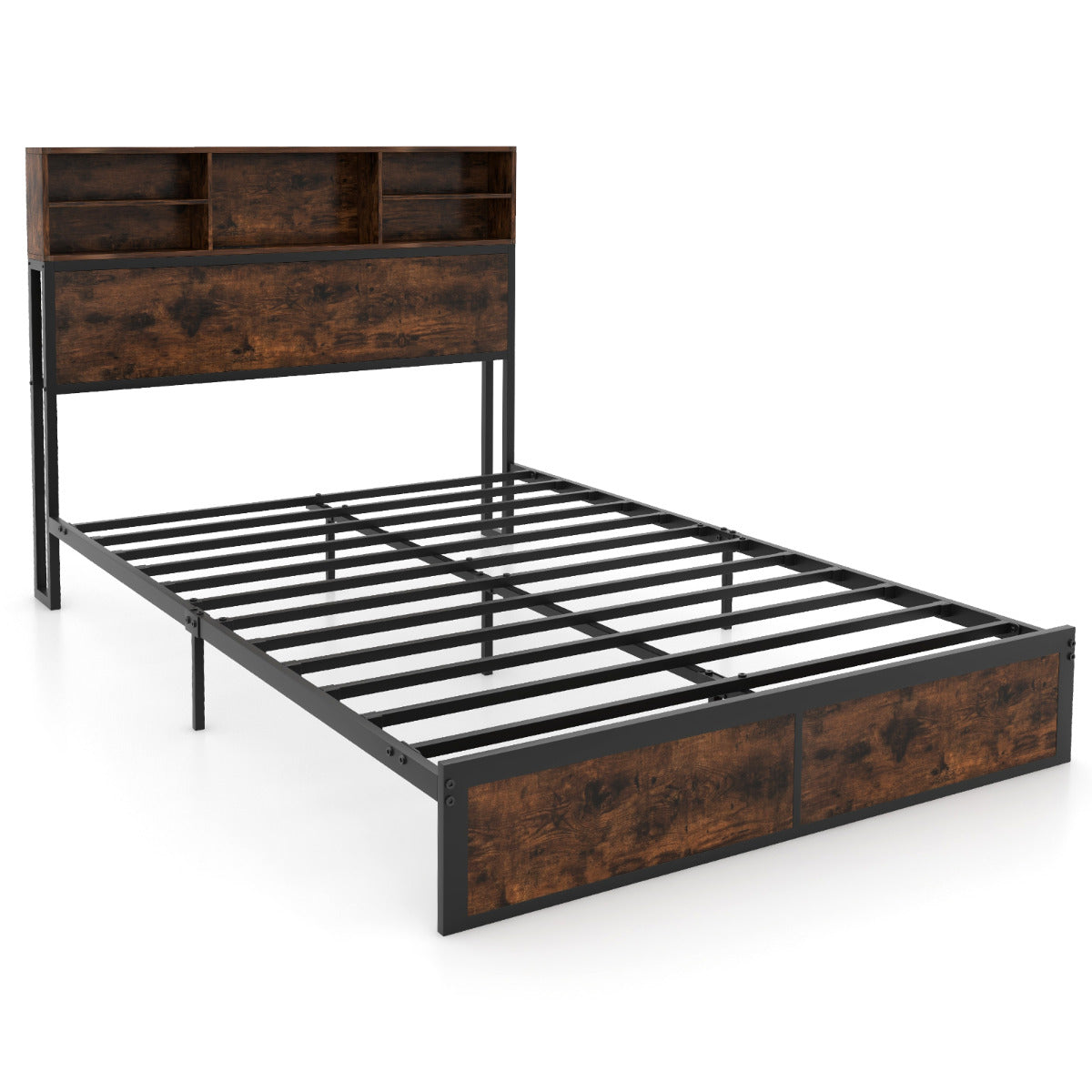 Cama de Casal com Estação de Carregamento Estrutura de Cama Metálica com Cabeceira de Arrumação Suporte de Lâminas Espaço por Baixo da Cama 200 x 140 cm