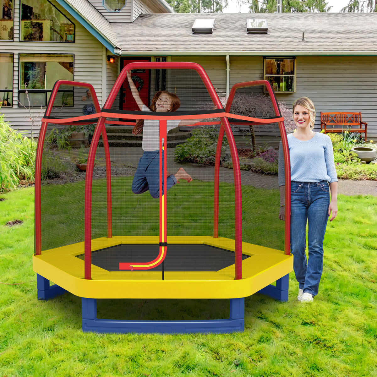 Cama Elástica 223 cm para Crianças com Rede de Segurança Estrutura em Aço Capacidade de Carga 150 kg Trampolim para Interior e Exterior Laranja