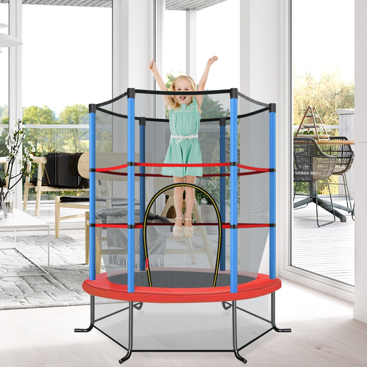 Cama Elástica para Crianças 191 cm com Rede de Segurança e Almofada para Molas Recreativa Estrutura em Aço-Azul