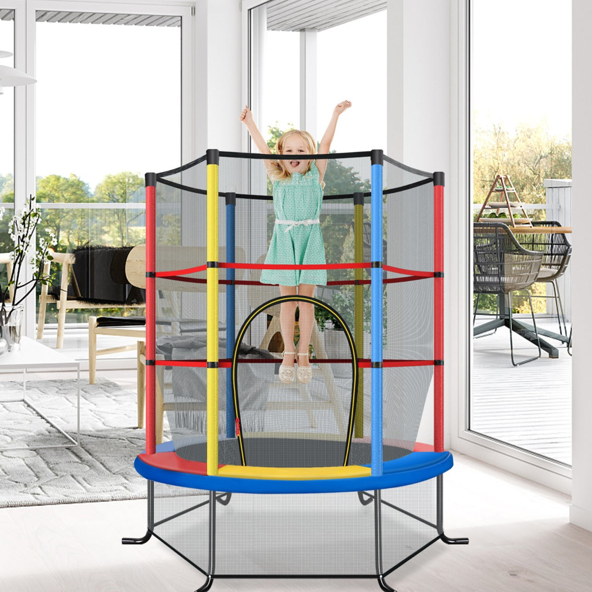 Cama Elástica Infantil 191 cm com Rede de Segurança e Almofada para Molas Recreativa Estrutura em Aço - Multicolor