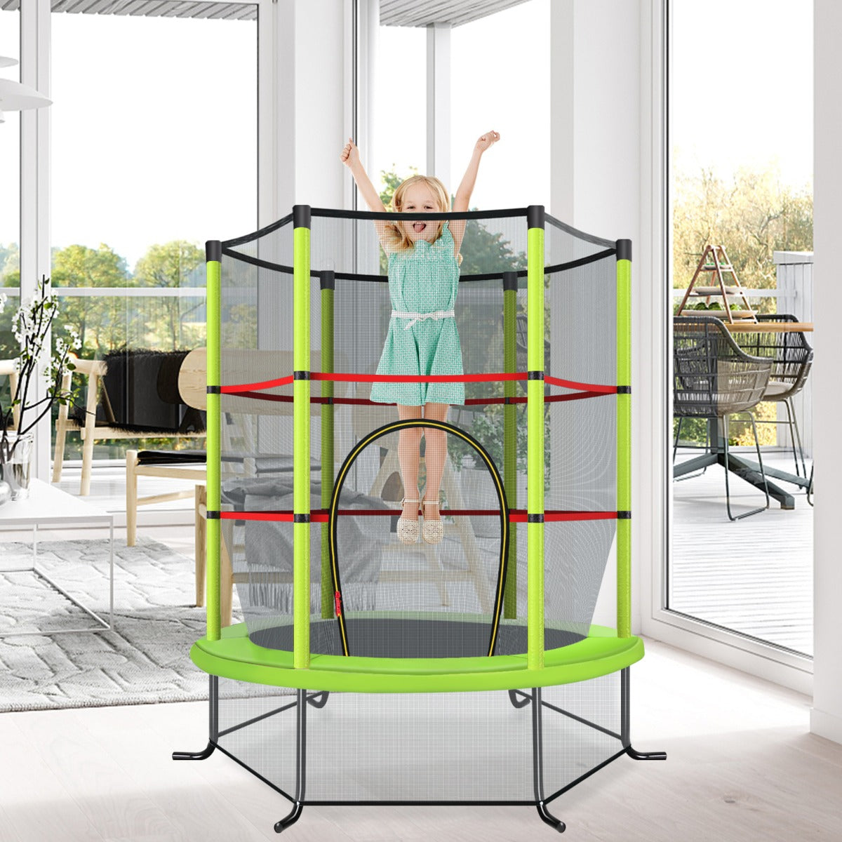 Cama Elástica para Crianças 191 cm com Rede de Segurança e Almofada para Molas Recreativa Estrutura em Aço-Verde