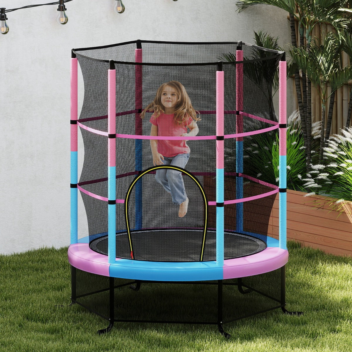 Cama Elástica para Crianças 165 cm com Rede de Segurança e Almofada para Molas Recreativa Estrutura em Aço Cor Macaron
