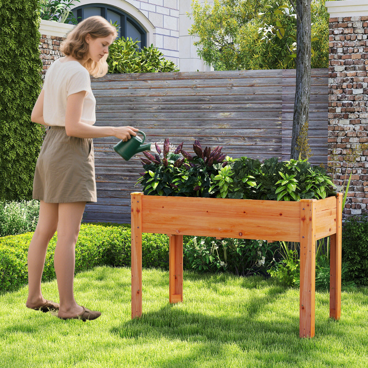 Cama Elevada para Jardim em Madeira com Pés Caixa de Plantas Elevada com Furos de Drenagem e Espaços para Frutas, Vegetais e Ervas Castanho