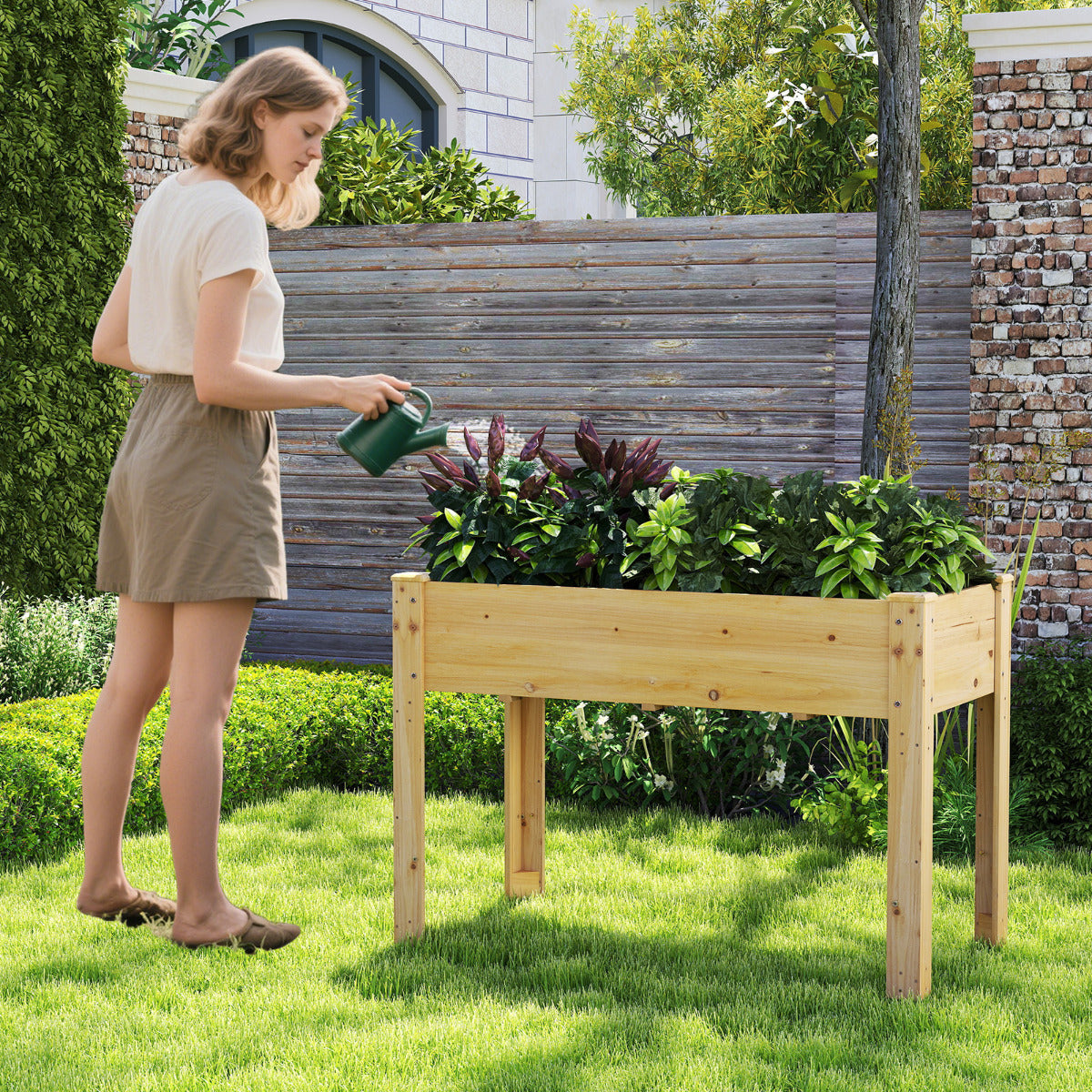 Cama Elevada para Jardim com Pernas Caixa de Plantas Elevada em Madeira com Furos de Drenagem e Espaços para Frutas, Vegetais e Ervas Naturais