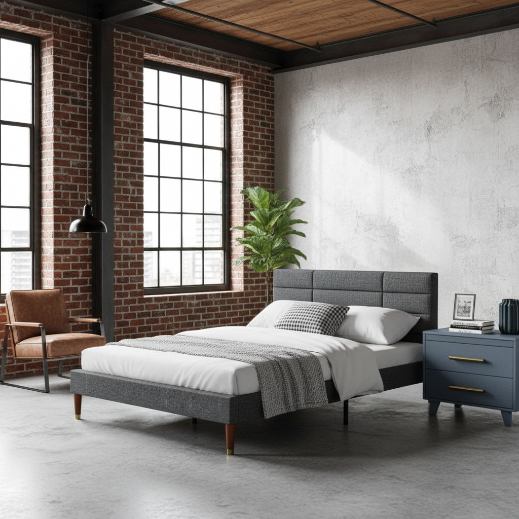 Cama estofada cinzenta em loft moderno