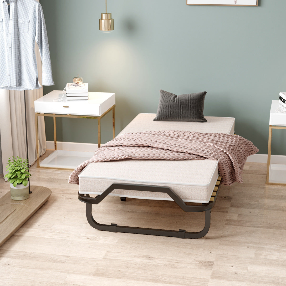 Cama Dobrável Individual com Colchão em Espuma de Memória Estrutura Metálica Portátil com Rodas para Casa Escritório 90 x 200 x 41 cm