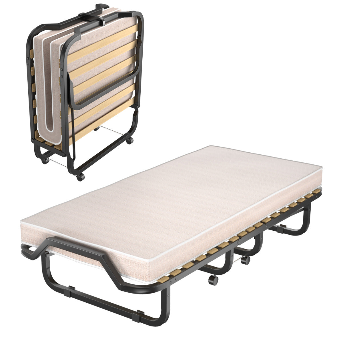 Cama Dobrável Individual com Colchão em Espuma de Memória Estrutura Metálica Portátil com Rodas para Casa Escritório 90 x 200 x 41 cm