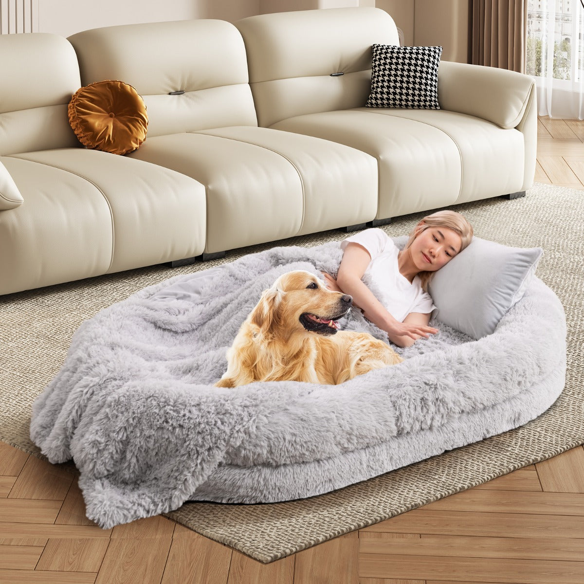Cama para Sesta Lavável e Fofa em Pele Sintética Adequada para Animais de Estimação e Adultos com Manta e Almofada 171 x 115 x 25 cm Cinzento