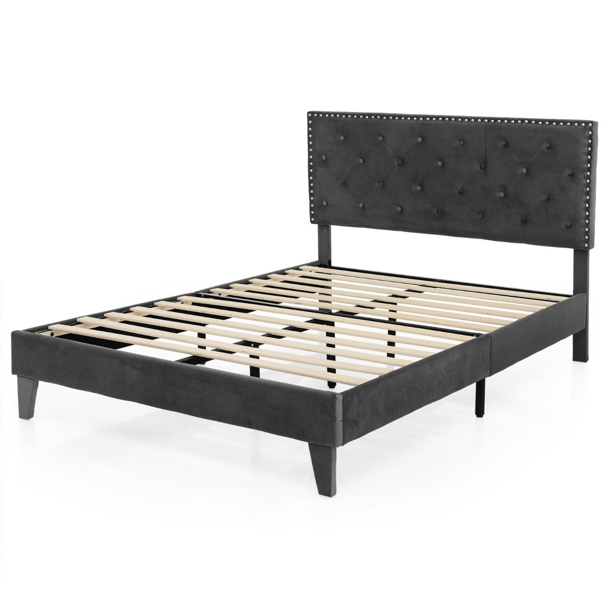 Cama de Plataforma Estofada em Madeira Dupla com Cabeceira Acolchoada Botões para Colchão Montagem Fácil 159 x 105 cm Cinzenta