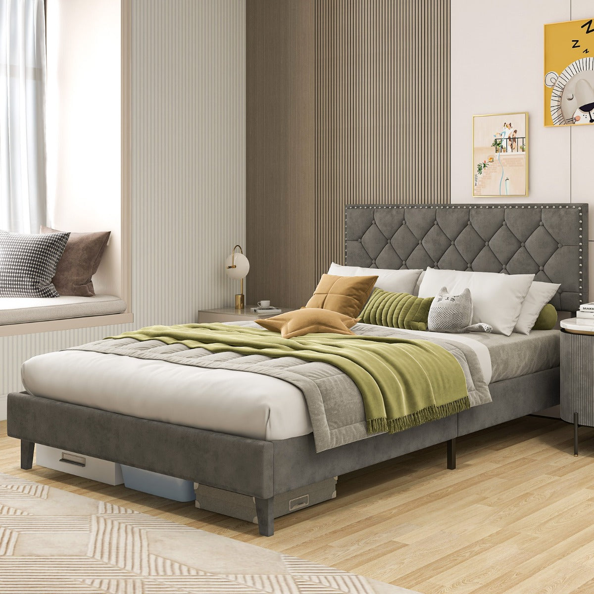 Cama de Plataforma Estofada em Madeira Dupla com Cabeceira Acolchoada Botões para Colchão Montagem Fácil 159 x 105 cm Cinzenta