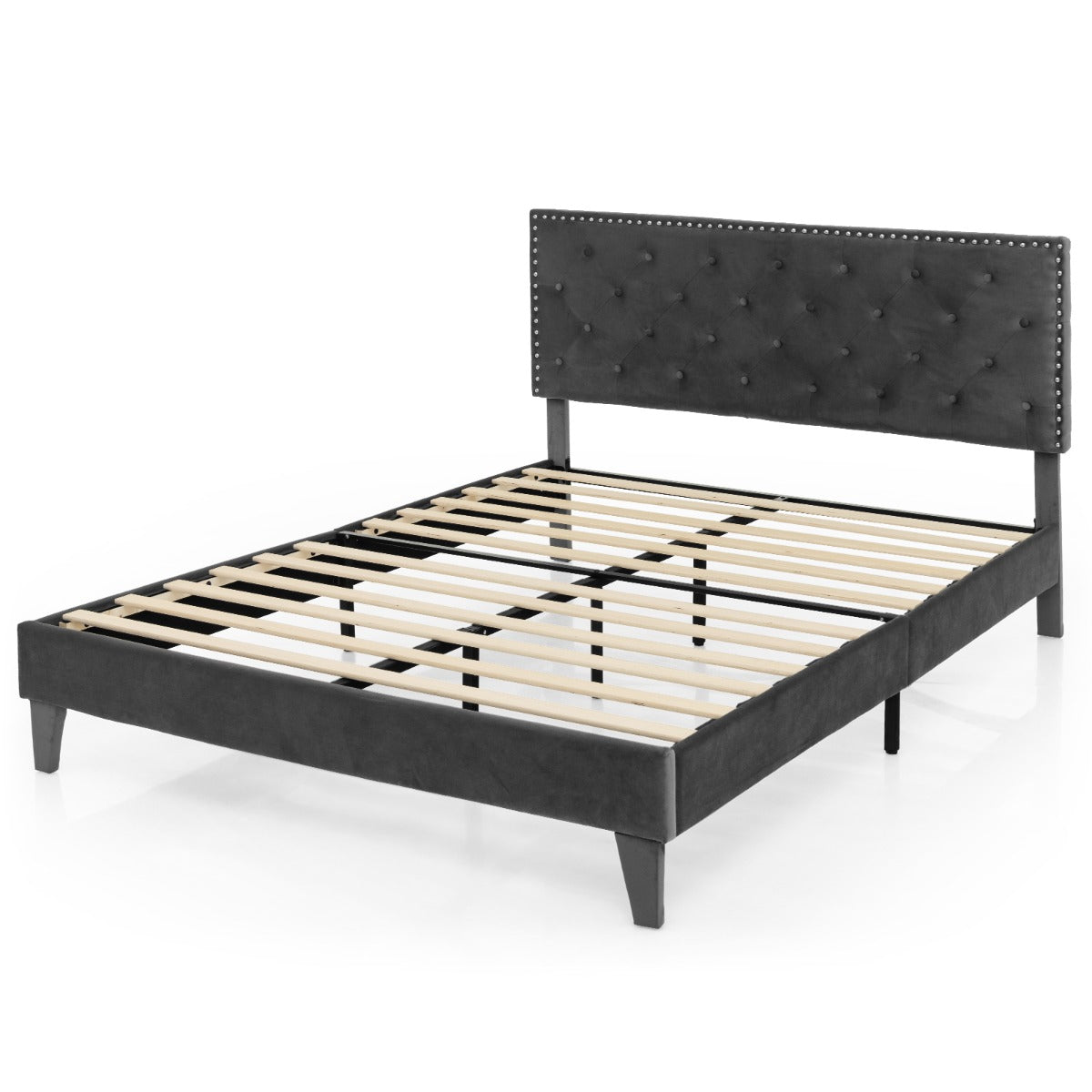 Cama Plataforma de Madeira Estofada King com Cabeceira Acolchoada Botões para Colchão Montagem Fácil 199 x 91 cm Cinzento
