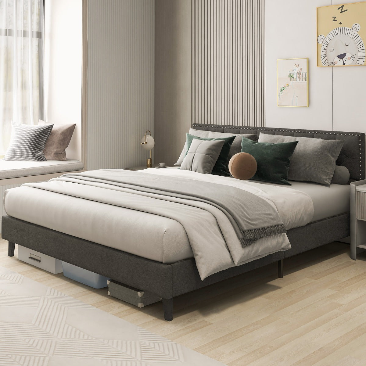 Cama Plataforma de Madeira Estofada King com Cabeceira Acolchoada Botões para Colchão Montagem Fácil 199 x 91 cm Cinzento