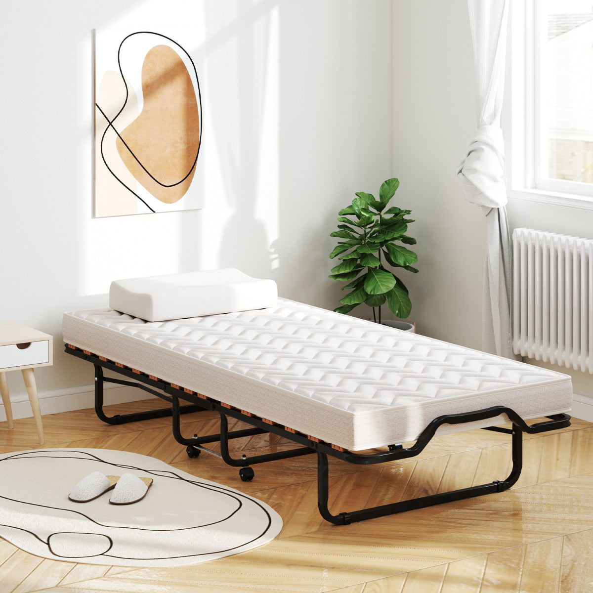 Cama Dobrável 80 x 200 cm com Rodas e Colchão de Espuma Viscoelástica & Fibra Hipoalergénica Cama para Hóspedes Compacta Portátil