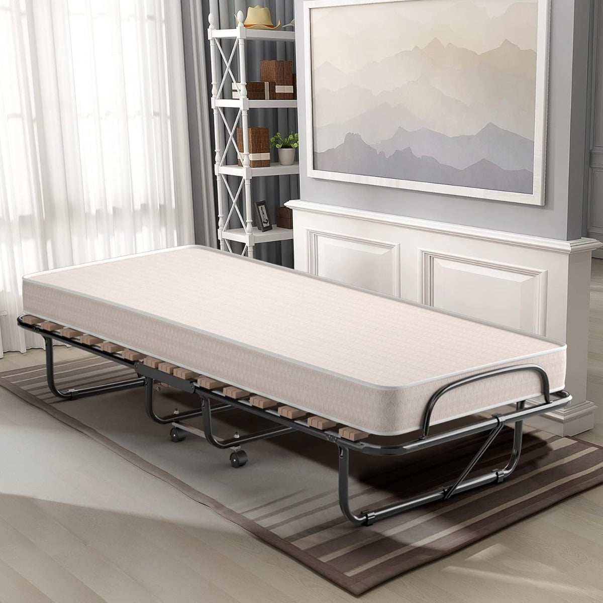 Cama Dobrável 80 x 190 cm com Colchão de Espuma Viscoelástica de 10 cm de Espessura Estrutura de Metal Estável com Rodas Capacidade de Carga 120 kg