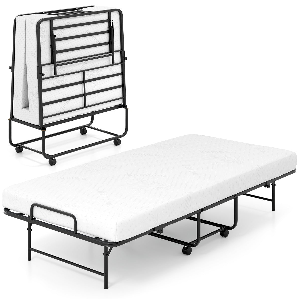 Cama Dobrável Portátil com Estrutura Metálica, Colchão e Rodas Bloqueáveis 194 x 90 x 40 cm Branco